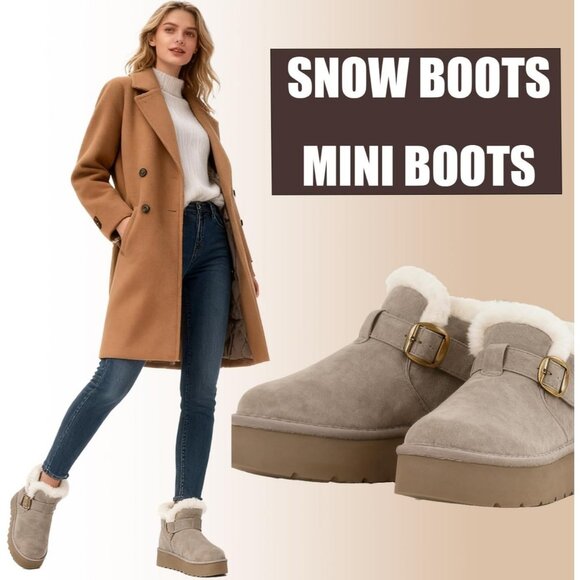 Women's Snow Winter Warm Hook Loop Gray Faux Fur Lining Booties Shoes - Picture 5 of 6